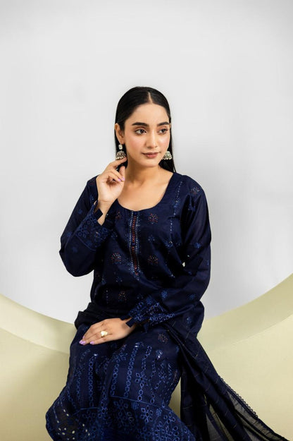 Navy Blue Lawn 3-Piece Suit for Women with Embroidery