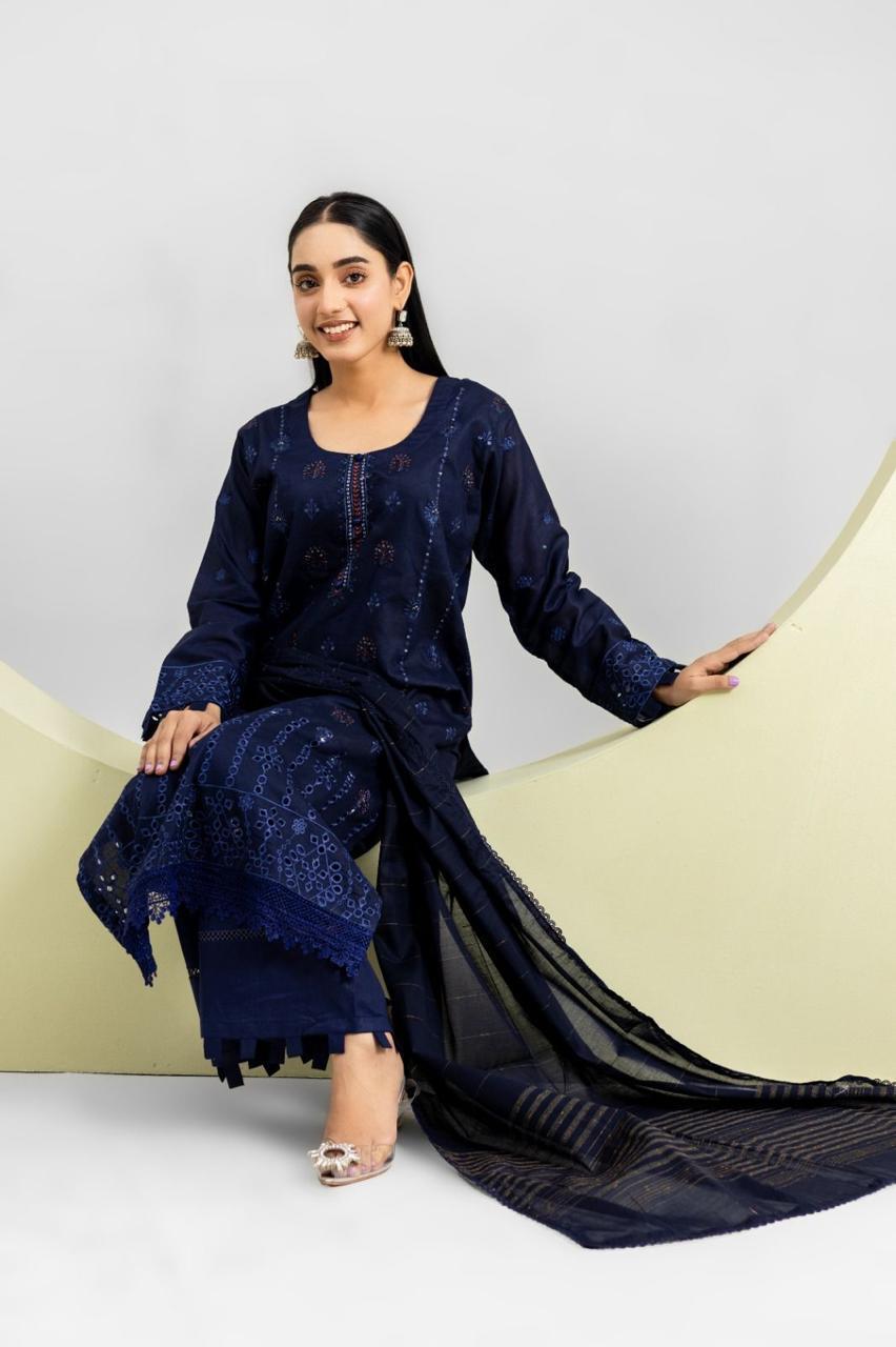 Navy Blue Lawn 3-Piece Suit for Women with Embroidery