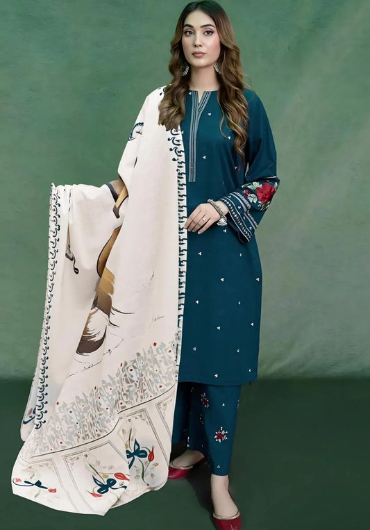 Unstitched 3-Piece Dhanak Suit Blue Embroidered Dupatta