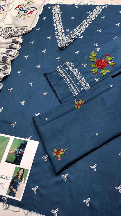 Unstitched 3-Piece Dhanak Suit Blue Embroidered Dupatta