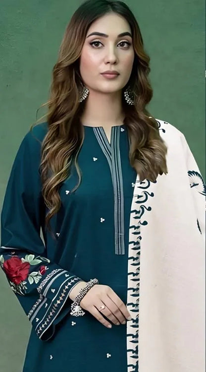 Unstitched 3-Piece Dhanak Suit Blue Embroidered Dupatta