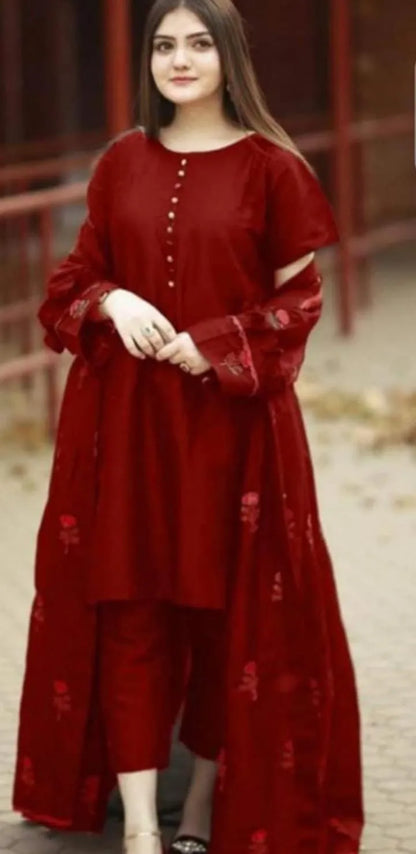 Women Silk Embroidered Kurta Trouser Set Maroon 3Pcs