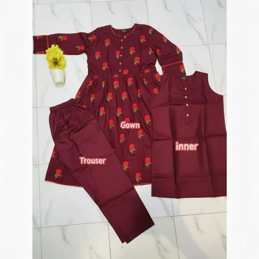 Women Silk Embroidered Kurta Trouser Set Maroon 3Pcs