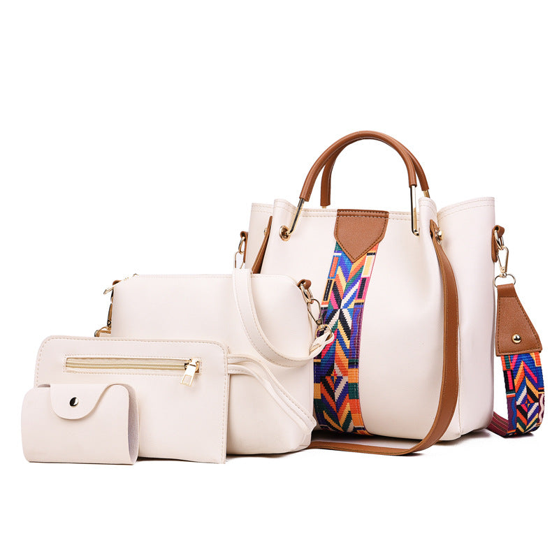 Pink Leather 4-Piece Bag Set with Geometric Strap