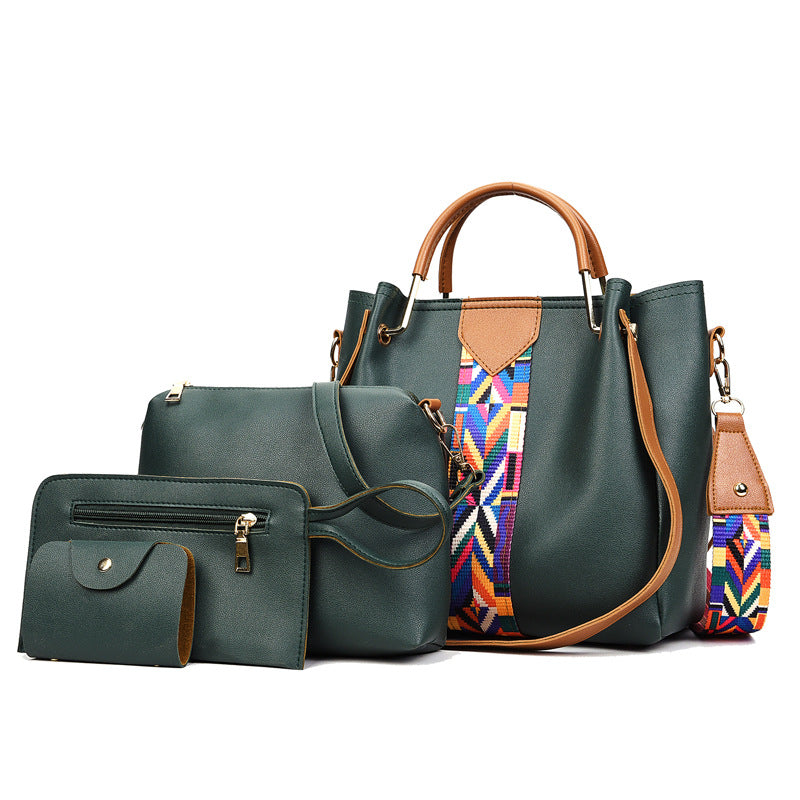 Pink Leather 4-Piece Bag Set with Geometric Strap