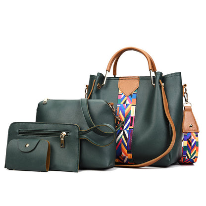 Pink Leather 4-Piece Bag Set with Geometric Strap