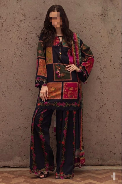 "Black Embroidered Patchwork Pakistani 3 Piece Suit