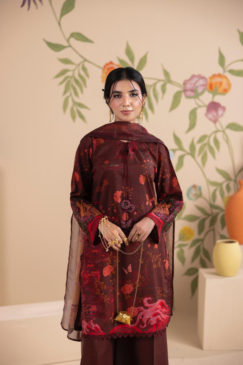 Elegant Maroon Floral Printed 3 Piece Lawn Suit with Dupatta