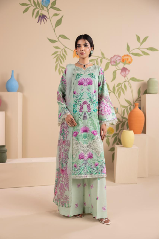 Elegant Mint Green Floral Printed 3 Piece Lawn Suit with Dupatta