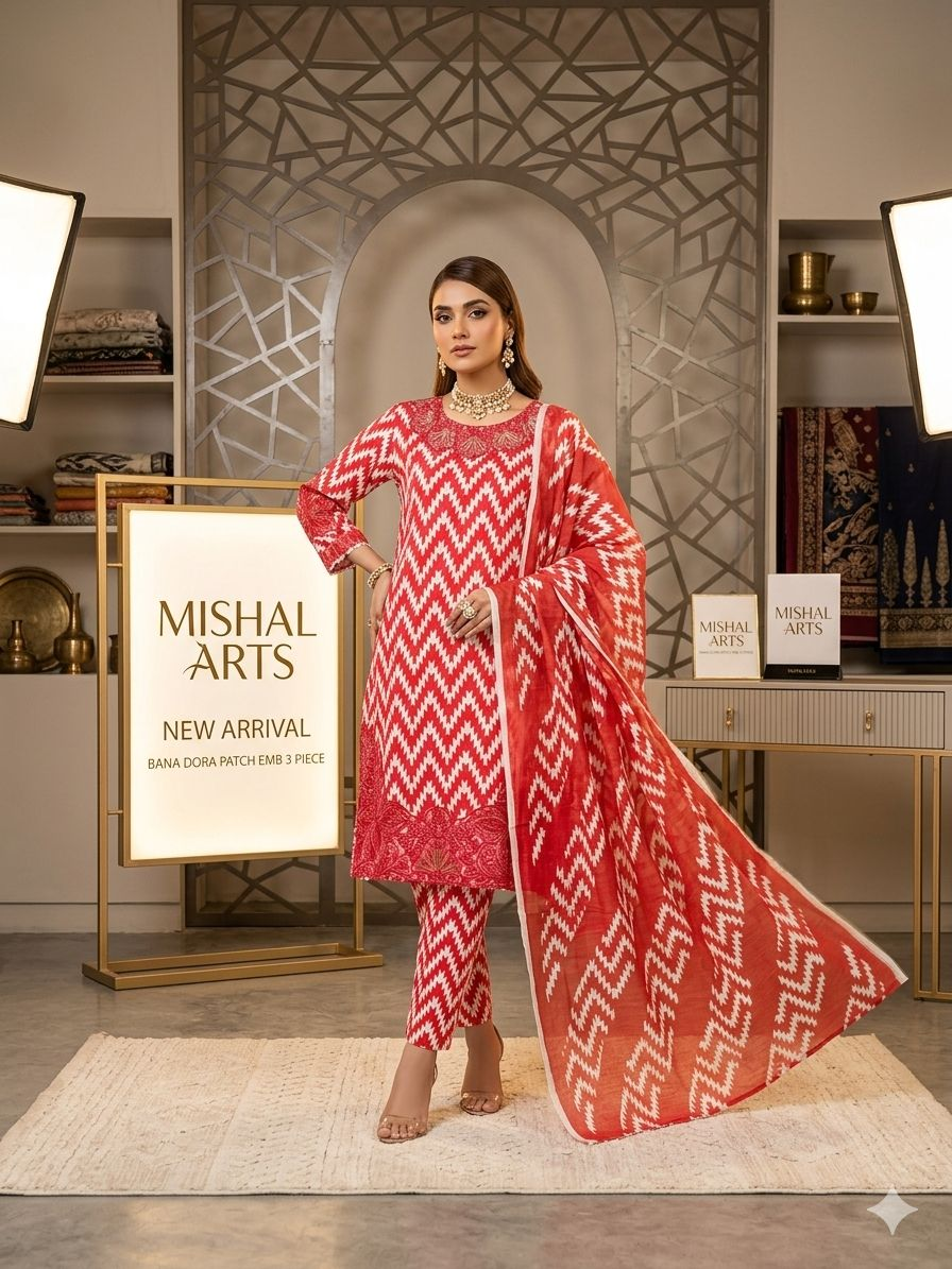 Mishal Arts Bana Dora Patch Embroidered 3 Piece Suit – Red & White Zigzag Print