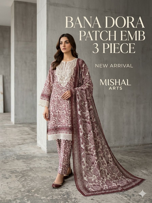 Mishal Arts Bana Dora Patch Embroidered 3 Piece Suit – Blue Floral Print