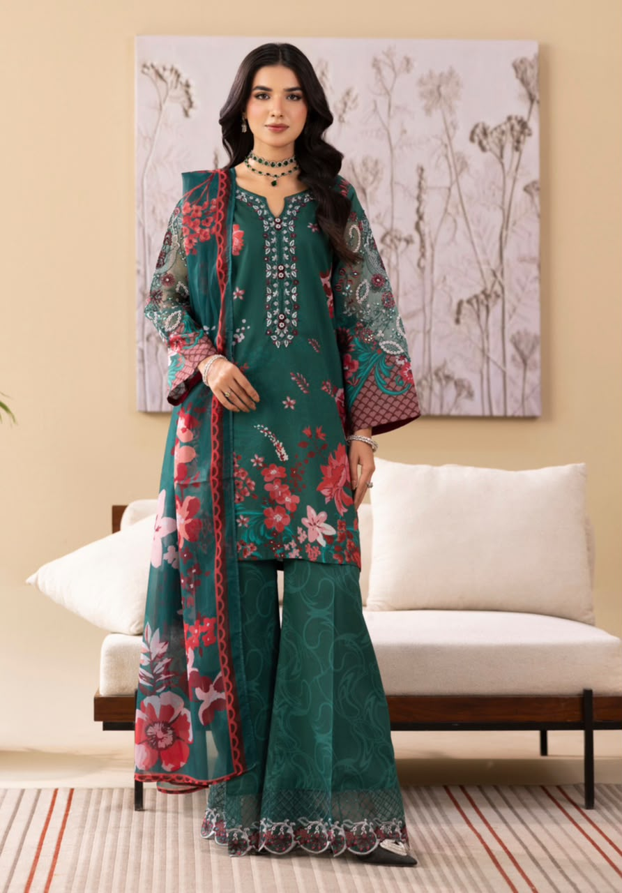Elegant Emerald Green Printed 3 Piece Lawn Suit for Women