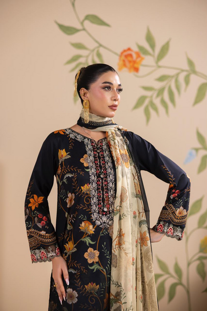 Elegant Black Floral Printed 3 Piece Lawn Suit for Women