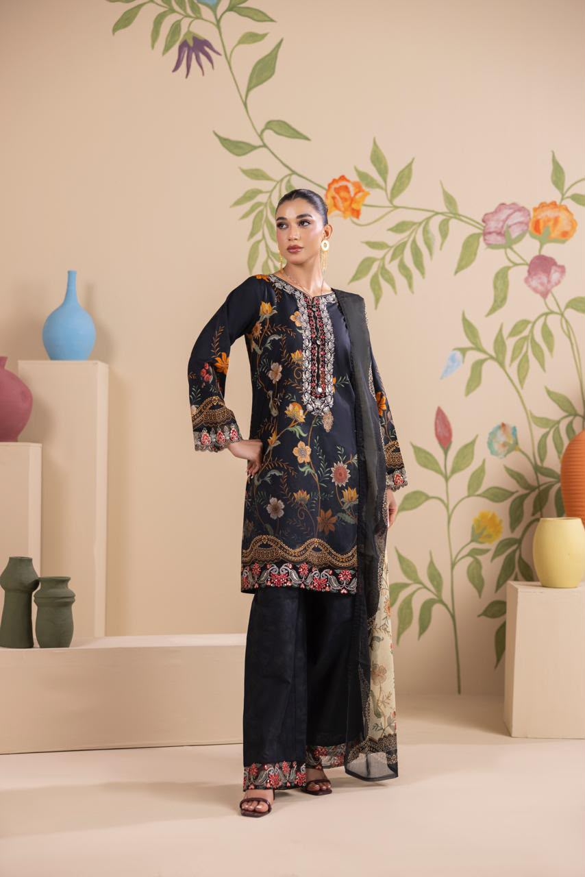 Elegant Black Floral Printed 3 Piece Lawn Suit for Women