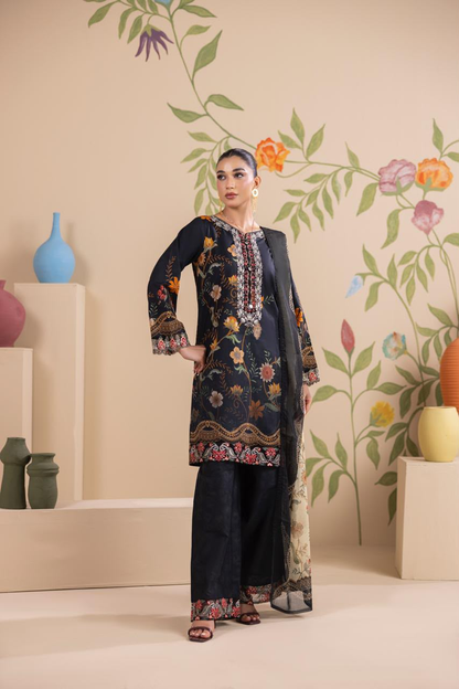 Elegant Black Floral Printed 3 Piece Lawn Suit for Women