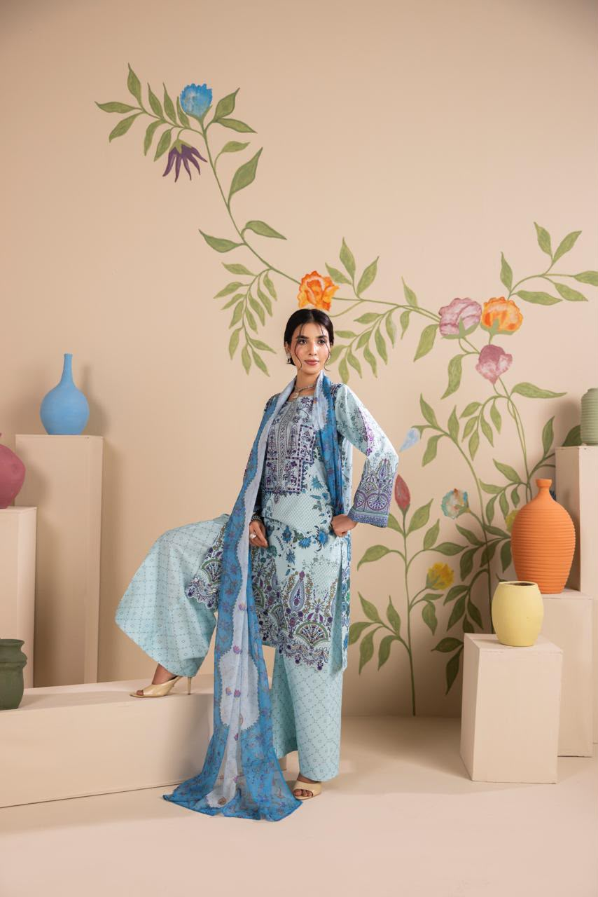 Elegant Sky Blue Printed 3 Piece Lawn Suit with Dupatta