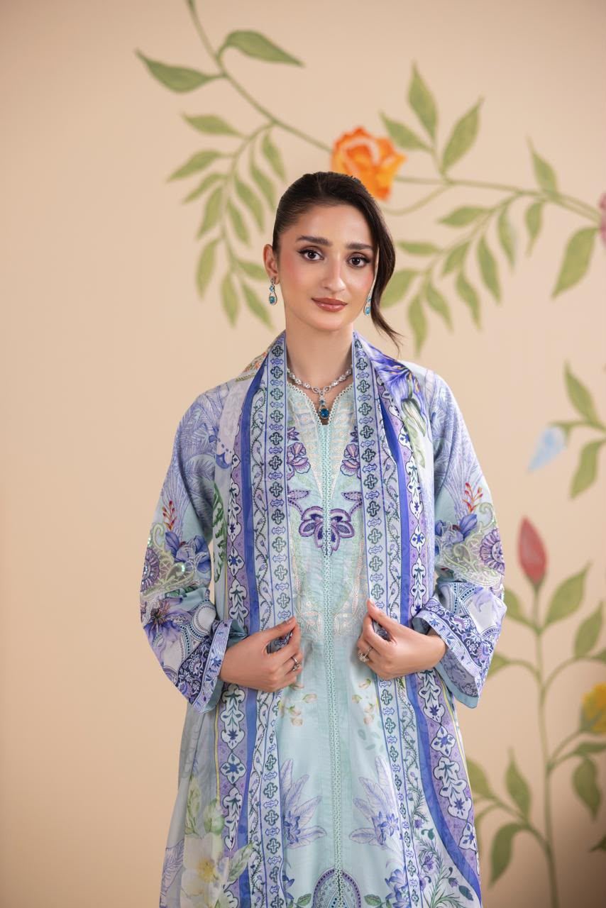 Elegant Sky Blue Printed 3 Piece Lawn Suit with Dupatta