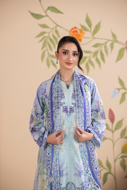 Elegant Sky Blue Printed 3 Piece Lawn Suit with Dupatta